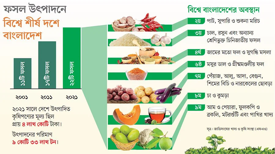 এফএওর উৎপাদনের হিসাব ২২ কৃষিপণ্যে শীর্ষ দশে বাংলাদেশ আয়তনে বিশ্বে ৯৪তম দেশ হলেও বাংলাদেশ ফসল উৎপাদনে এগিয়ে। উৎপাদন বাড়ায় আমদানি কমেছে। বৈদেশিক মুদ্রার সাশ্রয় হচ্ছে।